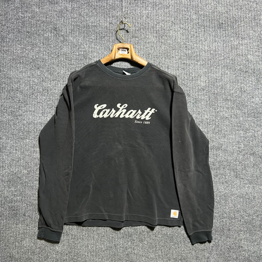 Carhartt Thermal Shirt Mens M Black Long Sleeve Graphic Waffle Knit Crewneck